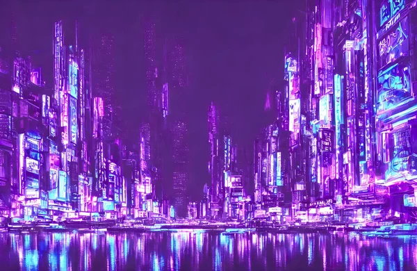 Futuristic metaverse city concept with glowing neon lights. High quality 3d illustration