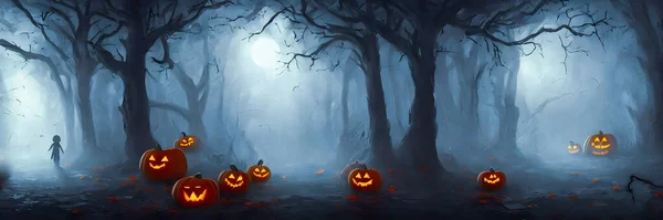 Upplysta Halloween Snidade Pumpor Huvudknekt Läskig Skog Semesterbakgrund Hög Kvalitet — Stockfoto