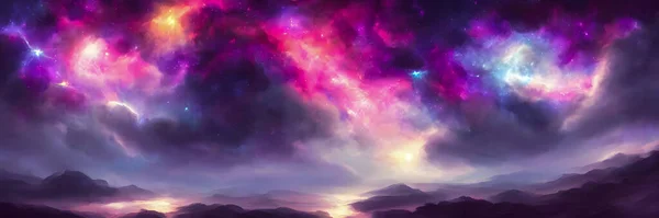 Space background with stardust and shining stars. Realistic colorful cosmos. Banner size. High quality 3D