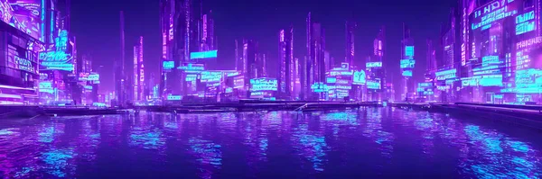Parlayan Neon Işıkları Olan Fütürist Metaziz Şehir Konsepti Yüksek Kalite — Stok fotoğraf