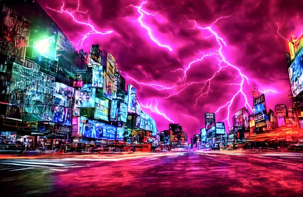 Lightning strikes over the skyline of fantasy city. High quality 3d illustration