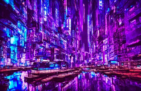 Futuristic Metaverse City Concept Glowing Neon Lights High Quality Illustration — Stock Photo, Image