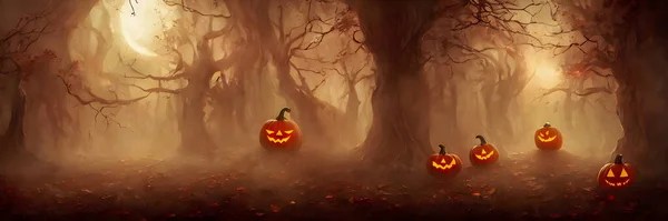 Beleuchtete Halloween Geschnitzte Kürbisse Kopfstütze Gruseliger Wald Feiertags Hintergrund Hochwertige Stockbild