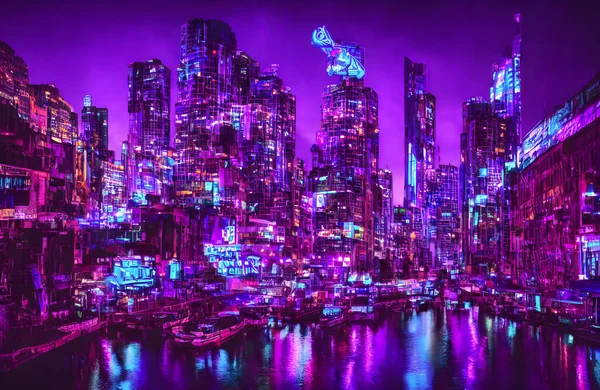 Futuristisches Metaverses Stadtkonzept Mit Leuchtenden Neonlichtern Hochwertige Illustration Stockbild