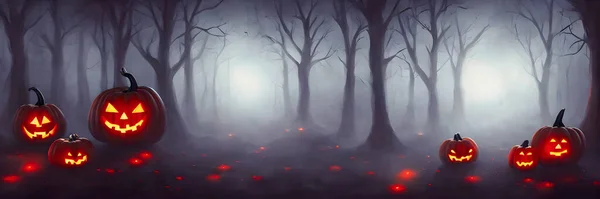 Beleuchtete Halloween Geschnitzte Kürbisse Kopfstütze Gruseliger Wald Feiertags Hintergrund Hochwertige — Stockfoto