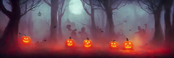 Beleuchtete Halloween Geschnitzte Kürbisse Kopfstütze Gruseliger Wald Feiertags Hintergrund Hochwertige — Stockfoto