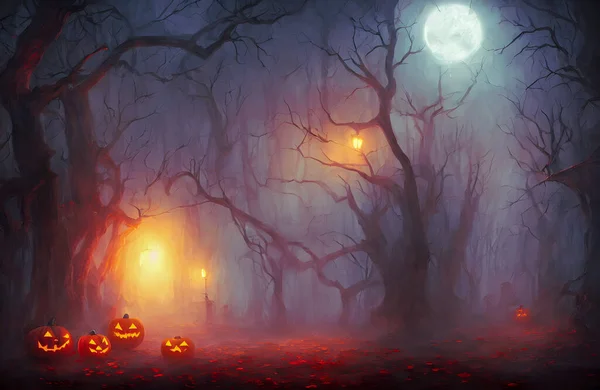 Beleuchtete Halloween Geschnitzte Kürbisse Kopfstütze Gruseliger Wald Feiertags Hintergrund Hochwertige — Stockfoto