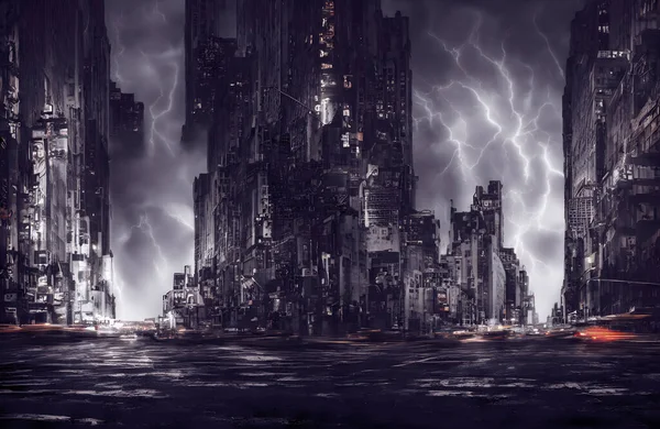 Fulmine Colpisce Skyline Fantasy City Illustrazione Alta Qualità — Foto Stock