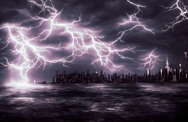 Blitze Schlagen Über Der Skyline Der Fantasiestadt Ein Hochwertige Illustration — Stockfoto