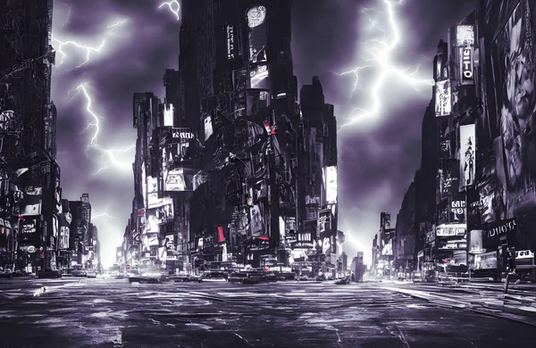 Fulmine Colpisce Skyline Fantasy City Illustrazione Alta Qualità — Foto Stock