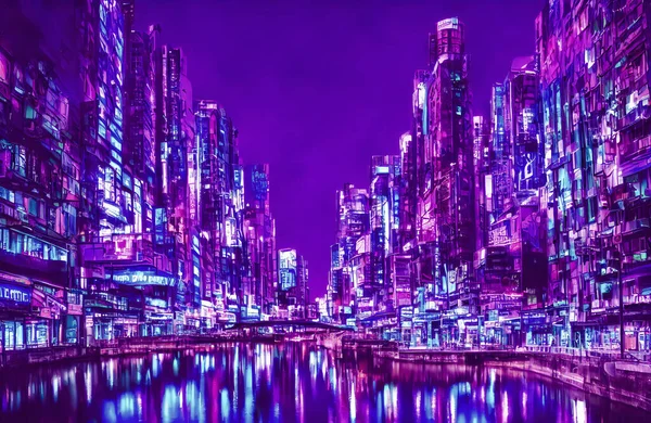 Conceito Futurista Cidade Metaversa Com Luzes Néon Brilhantes Ilustração Alta — Fotografia de Stock