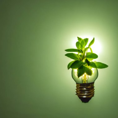 Doğal enerji kavramı. İçinde küçük bitkiler olan bir ampul. Çevre yeşili enerji kavramı