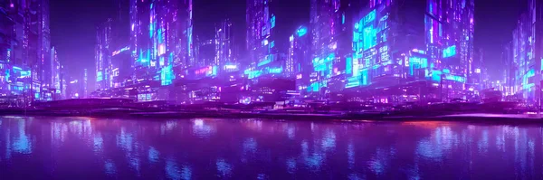 Futuristic metaverse city concept with glowing neon lights. High quality 3d illustration