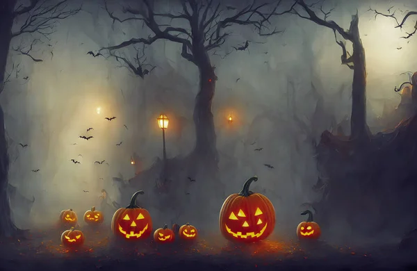 Illuminated Halloween Carved Pumpkins, head jack. Scary forest. Holiday background. High quality 3d illustration