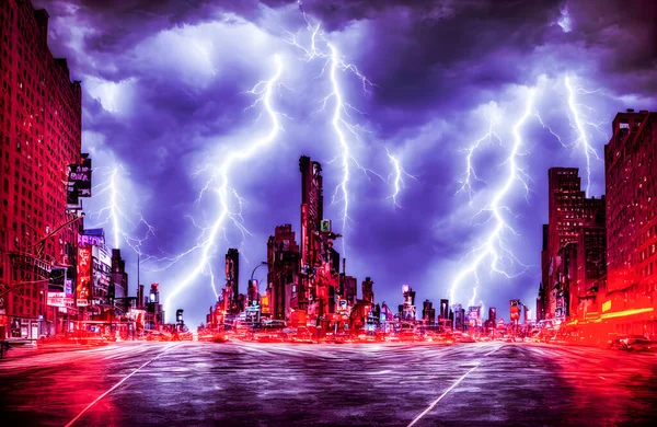 Blitze Schlagen Über Der Skyline Der Fantasiestadt Ein Hochwertige Illustration — Stockfoto