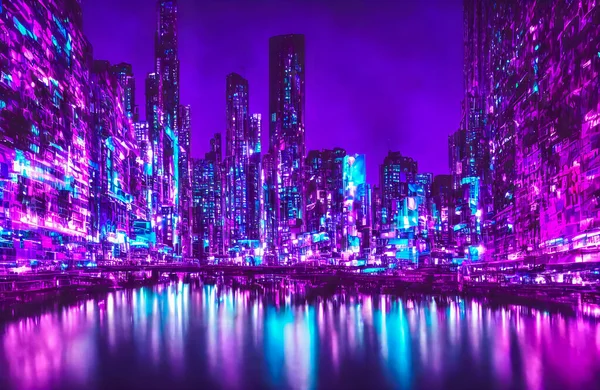 Futuristic metaverse city concept with glowing neon lights. High quality 3d illustration