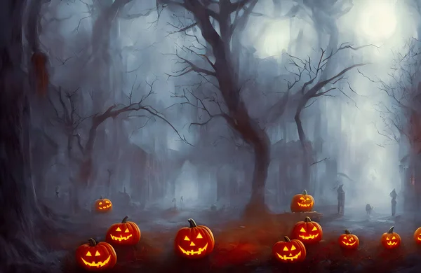 Zucche Scolpite Halloween Illuminate Jack Testa Foresta Spaventosa Sfondo Vacanza — Foto Stock