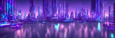 Parlayan neon ışıkları olan fütürist metaziz şehir konsepti. Yüksek kalite 3d illüstrasyon