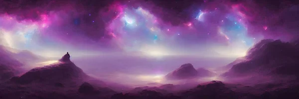 Space background with stardust and shining stars. Realistic colorful cosmos. Banner size. High quality 3D