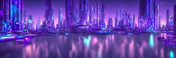 Futuristic metaverse city concept with glowing neon lights. High quality 3d illustration