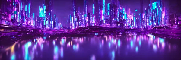 Futuristic metaverse city concept with glowing neon lights. High quality 3d illustration