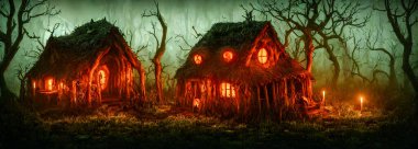 Cadılar Bayramı geçmişi. Cadı kulübesi. Sancak boyutu. Üç boyutlu. Yüksek kalite 3d illüstrasyon