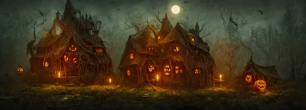 Fondo Halloween Cabaña Brujas Tamaño Bandera Ilustración Alta Calidad — Foto de Stock