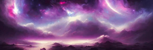 Space background with stardust and shining stars. Realistic colorful cosmos. Banner size. High quality 3D