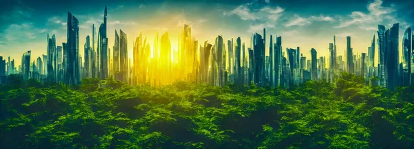 Green city of the future. City of the future. Harmony of city and nature. 3d illustration