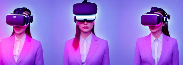 Mujer Está Usando Auriculares Realidad Virtual Retrato Estudio Luz Neón —  Fotos de Stock