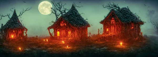 Halloween Background Witch Hut Banner Size High Quality Illustration — Stock Photo, Image