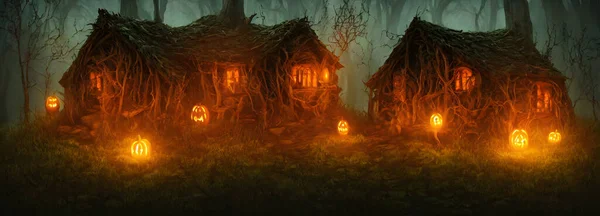Fondo Halloween Cabaña Brujas Tamaño Bandera Ilustración Alta Calidad —  Fotos de Stock