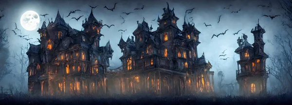 Дом Привидениями Жуткая Атмосфера Хэллоуин Туман Лунный Свет Освещённые Окна — стоковое фото