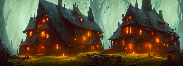 Haunted House. Creepy Atmosphere for Halloween. Fog, Moon light. Illuminated windows. . High quality 3d illustration