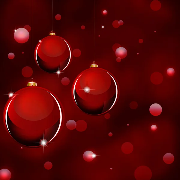Tři vánoční koule na lesklém červeném pozadí — Stockový vektor