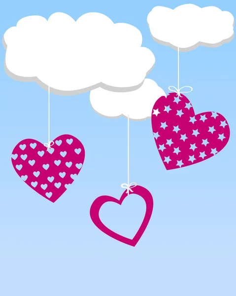 Tre hjärtan hängande från molnen — Stock vektor