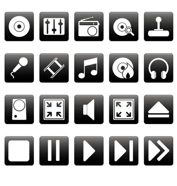 White media icons on black squares — Stock Vector