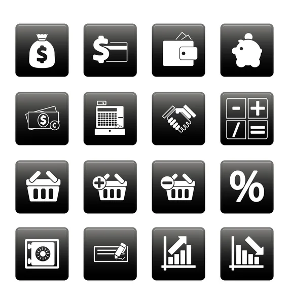 Finance icons on black squares — Stock Vector