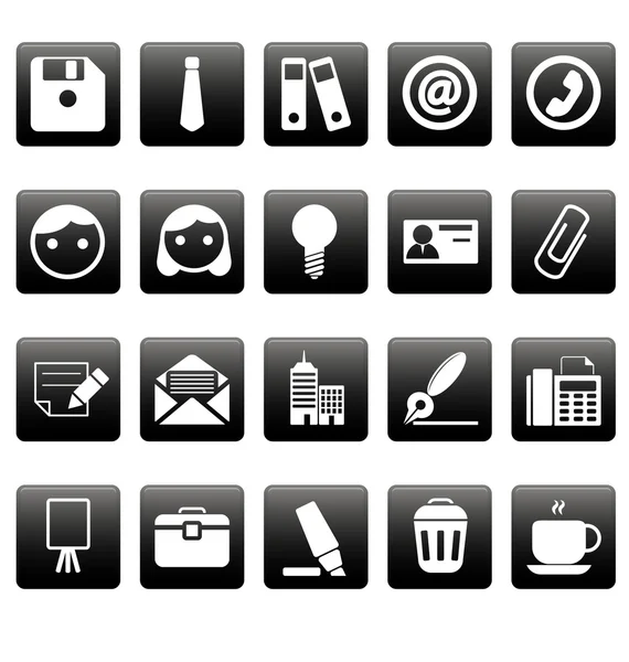 Ícones de escritório em quadrados pretos — Vetor de Stock