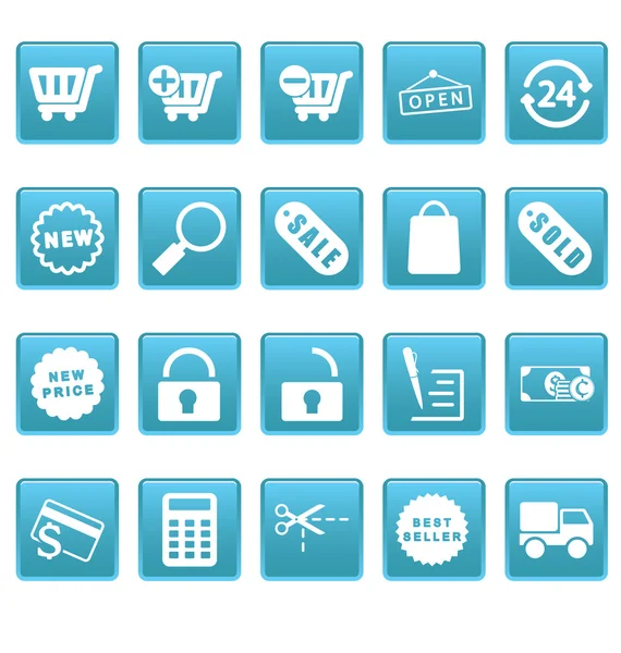 Icônes shopping sur les carrés bleus — Image vectorielle