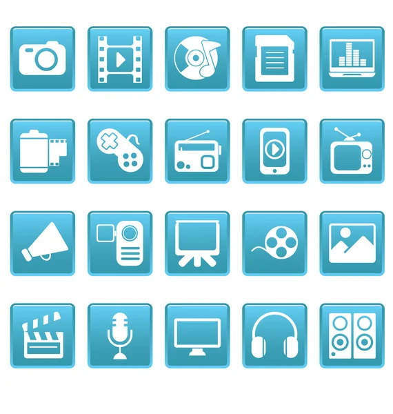 Media icons on blue squares — Stock Vector
