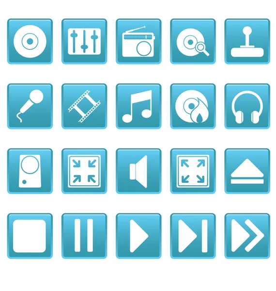 Iconos de medios en cuadrados azules — Vector de stock