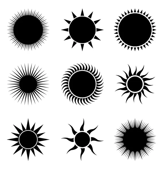 Silueta negra de los iconos del sol — Vector de stock