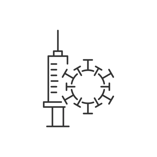 Coronavirus-Impfstoff, Spritze und Covid-Molekül lineares Symbol — Stockvektor