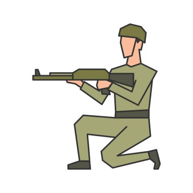 Asker elinde bir silahla dizlerinin üstünde. Vektör illüstrasyonu