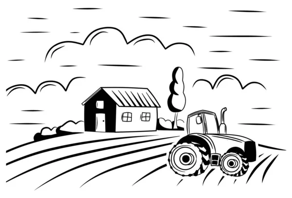 Paysage Rural Collines Avec Arbres Tracteur Vecteur Illustration — Image vectorielle