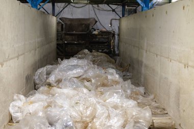 Moskova. - Rusya. 2020 sonbaharında. Sıralama merkezi şeffaf paketler seçer. Çöp fabrikası atıkları kesirlere ve tiplere göre ayırır.