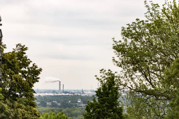 Park Produkcja Horyzoncie Fabryczne Rury Przez Liście Drzew Bratysławie — Zdjęcie stockowe