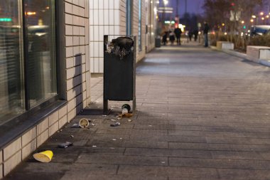 Bahçedeki çöp bidonları. Bir apartmanın girişinde taşan bir vazo..