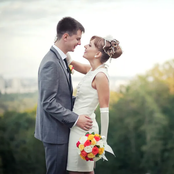 Young bride and groom standing in a park — Stock Photo, Image